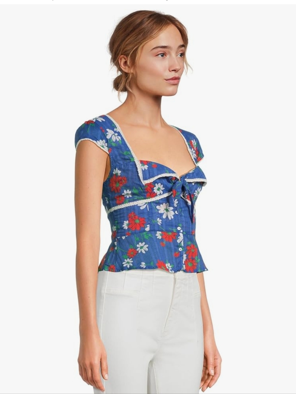 Free People Call Me Baby Blouse Blue Daisy Size L - Picture 2 of 7